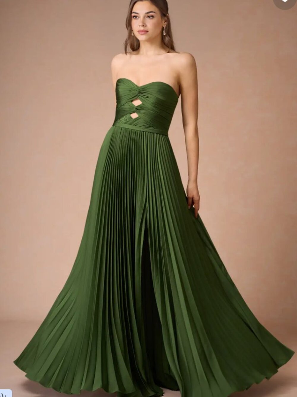 Azazie Olive Green Strapless Pleated Maxi Dress